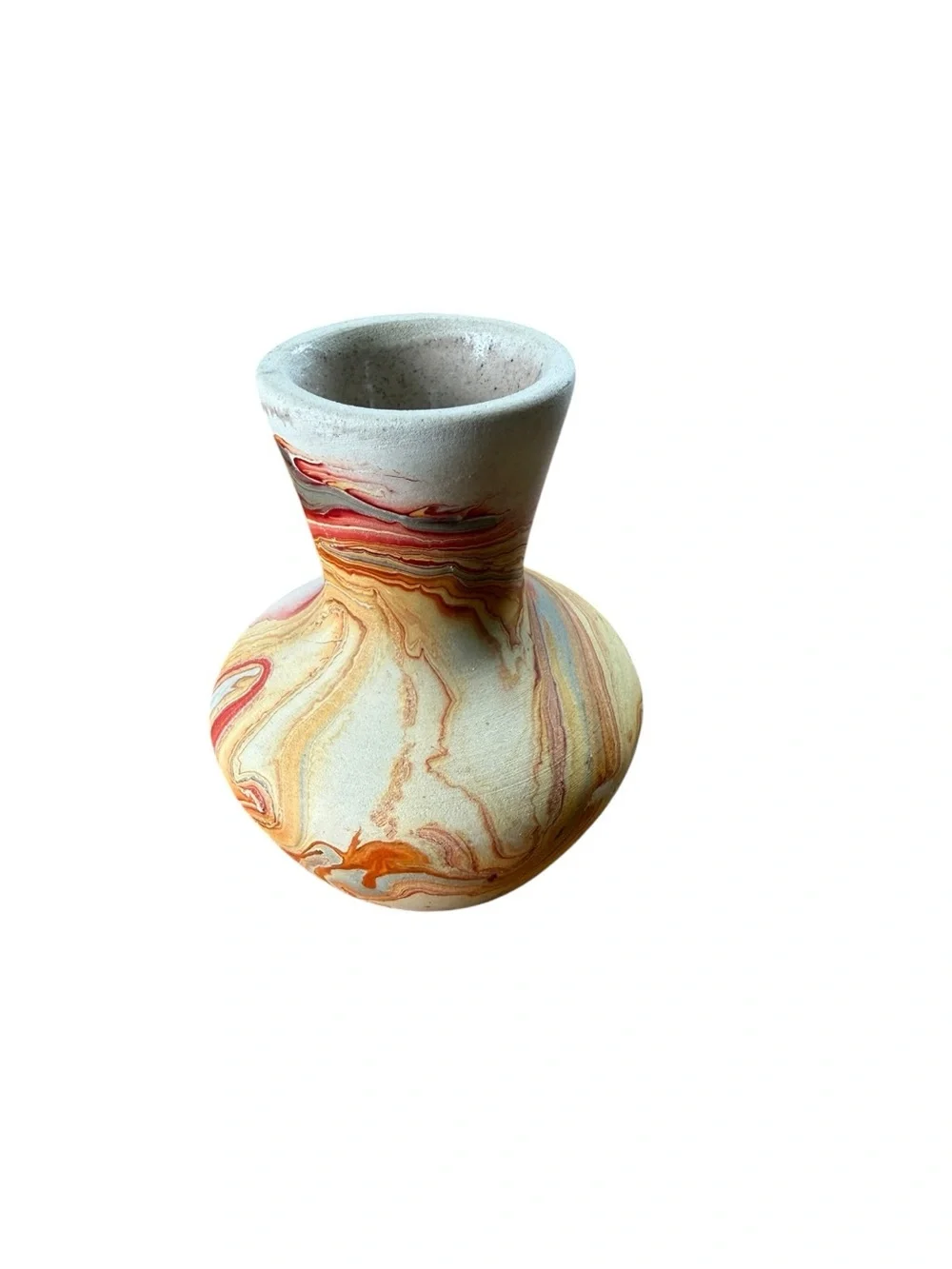 VTG Nemadji Clay Indian Pottery Vase Swirl, Orange ,Brown ,Red Stamped 4”